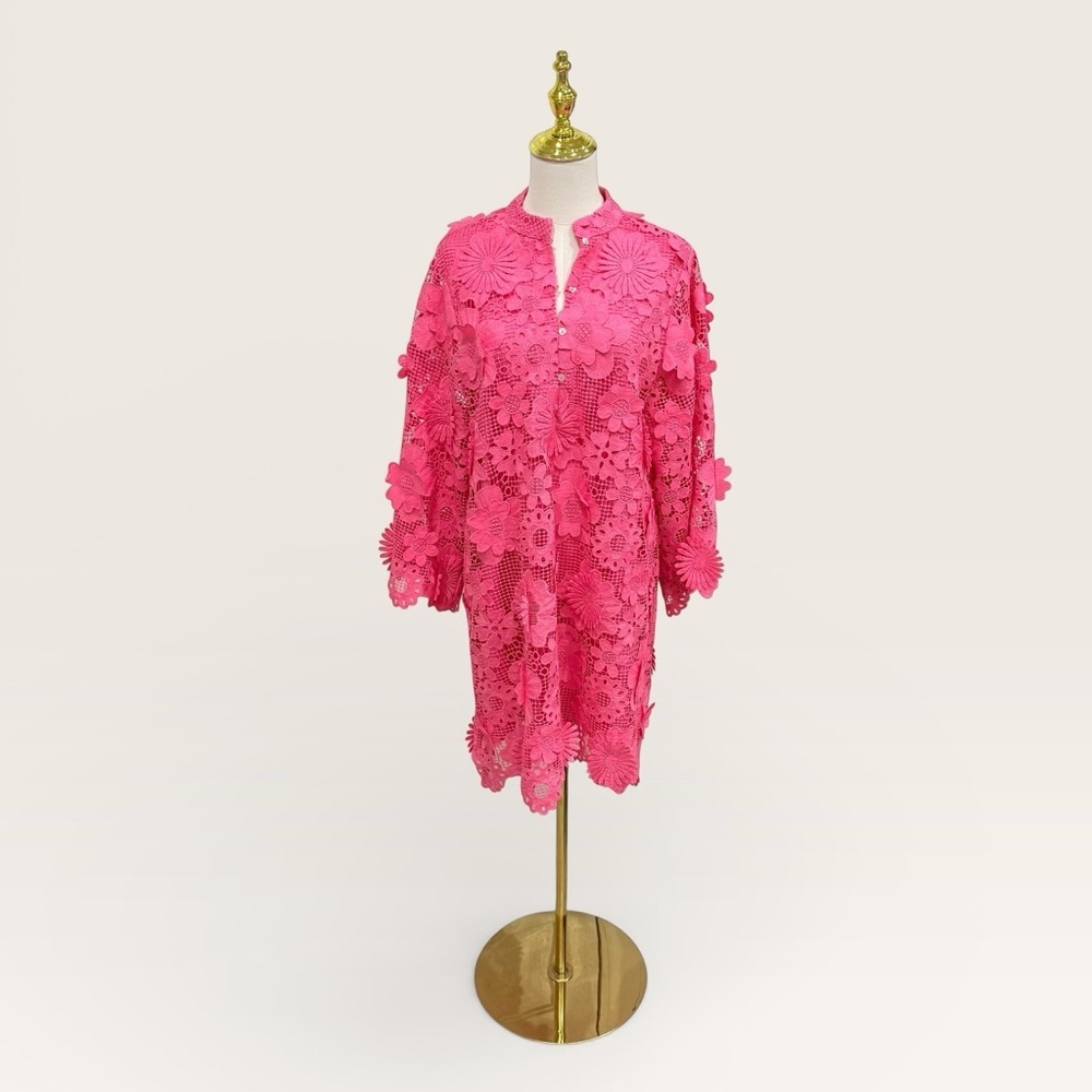 J.Marie Seraphina Pink Floral 3D Lace 3/4 Sleeve Kaftan Shift Short Dress NWT - Picture 3 of 12